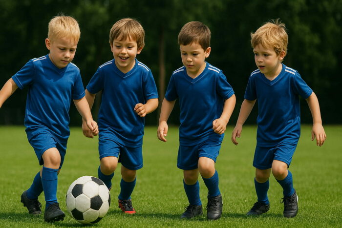 Kinder in blauen Trikots spielen auf Rasenplatz Fußball